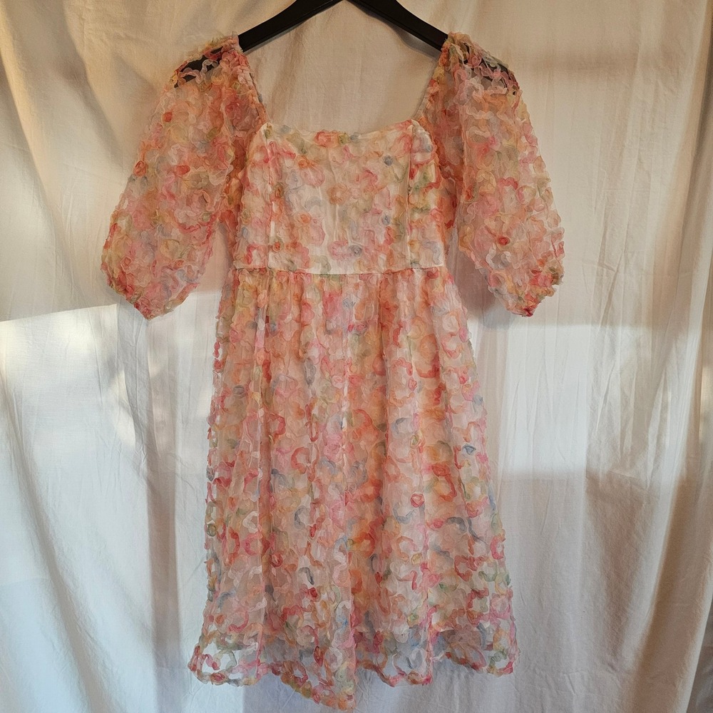 Mittoshop Pastel 3D Floral Petal Puff Sleeve Mini Dress Square Neck Small